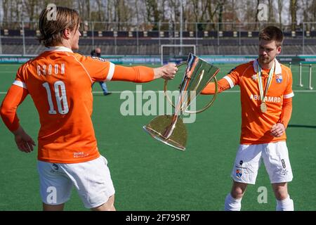 AMSTELVEEN, NETHERLANDS - APRIL 5: Jorrit Croon of Bloemendaal and Thierry Brinkman of Bloemendaal celabrate winning the Euro Hockey League Final duri Stock Photo