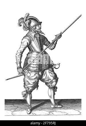 A soldier, full-length portrait, carrying a spear (lance) with both hands by his right side, pointing the tip obliquely upward, vintage engraving. Stock Photo