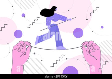business woman walking on balancing tight rope risk challenge help in business concept horizontal Stock Vector