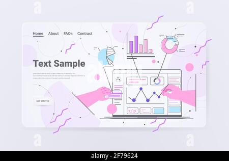 businessperson hands analyzing charts and graphs on laptop screen data analysis process stock exchange concept Stock Vector