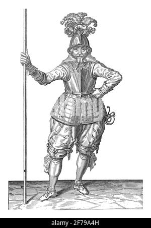 Soldier, viewed from the front, holding his spear upright with his right hand, vintage engraving. Stock Photo