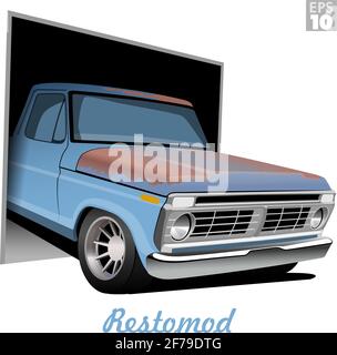1970s American old farm truck restomod with rusted hood, a project car that is restored with modern wheels for better performance. Stock Vector
