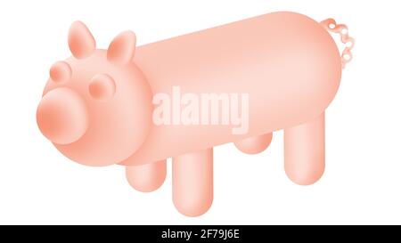 Cute pig isolated on white background. Moder animal concept. Cylinder 3d pig. Minimal isometric. Stock Photo