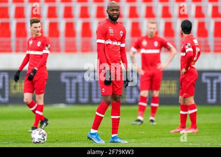 ANTWERPEN, BELGIUM - APRIL 5: Didier Lamkel Ze of Royal Antwerp disappointed after the third goal of RSC Anderlecht during the Jupiler Pro League matc Stock Photo