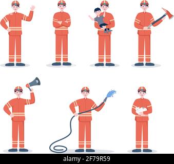 Firefighters With House Fire Engines, Helping People and Animal, Using Rescue Equipment in Various Situations. Vector Illustration Stock Vector