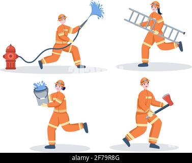 Firefighters With House Fire Engines, Helping People and Animal, Using Rescue Equipment in Various Situations. Vector Flat Design Illustration Stock Vector