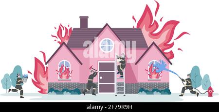 Firefighters With House Fire Engines, Helping People and Animal, Using Rescue Equipment in Various Situations. Vector Illustration Stock Vector
