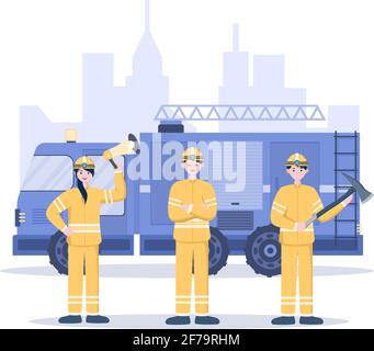 Firefighters With House Fire Engines, Helping People and Animal, Using Rescue Equipment in Various Situations. Vector Flat Design Illustration Stock Vector
