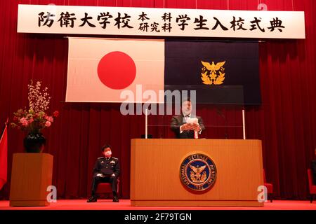 Japanese vice-minister of defense Yasuhide Nakayama gives a speech in front of future students of the National Defense Academy.Japan's Vice-minister of Defense Yasuhide Nakayama attends the entrance ceremony of the National Defense Academy. The NDA is military academy which educates and trains future leaders of three Japan Self-Defense Forces. Its educational curricula perfectly satisfy the Japanese University Standards which other ordinary universities follow as well. Therefore graduates of the Academy receive academic degrees in Science, Engineering, or Social Science.” (Photo by Stanislav K Stock Photo