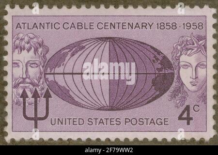 Stamp of Gösta Bodman's Philatelist Assignment, started in 1950.The stamp from the US, 1958. Motifs of globe with the Atlantic, Neptune. 'Atlantic cable 100-year memory 1858-1958'. Stock Photo