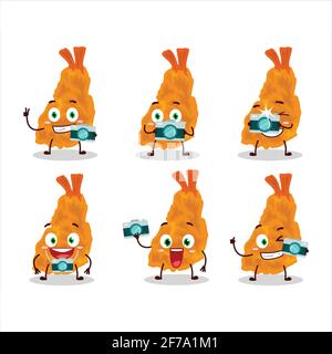 Photographer profession emoticon with fried shrimp cartoon character. Vector illustration Stock Vector