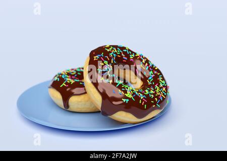 3d illustration of two chocolate donuts with multicolored sprinkles on a blue  classic plate, isolated on a light background. Cute, colorful and gloss Stock Photo