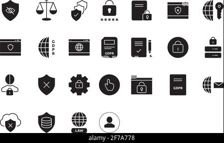 GDPR icons set. A collection of GDPR icons collection for iOS, Android and web projects. GDPR icons solid glyph transparent  pack. Stock Vector