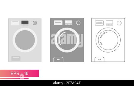 A set. Washing machine in realistic grey design. Linear and solid design. Household appliances for the home. On a white background. Flat vector Stock Vector