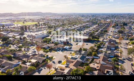 Day time aerial view of a suburban residential area in Brea, California, USA. Stock Photo