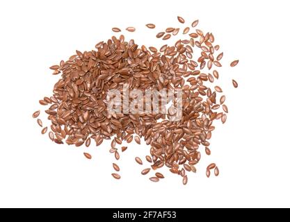 Close-up of flax seeds isolated on white. Top view of flaxseeds heap. Stock Photo