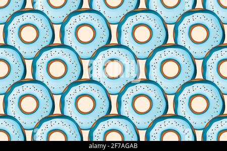 Donuts with color icing and multicolored powder on a color background. 3d realistic food seamless pattern. Template modern design for invitation Stock Vector