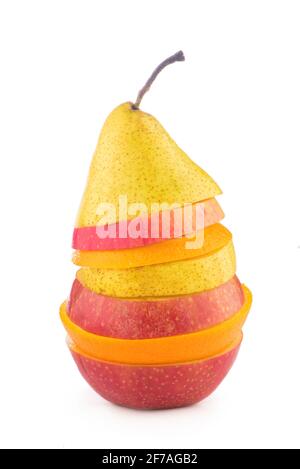 flying slices of fruit: apple, pear, orange on white background Stock Photo