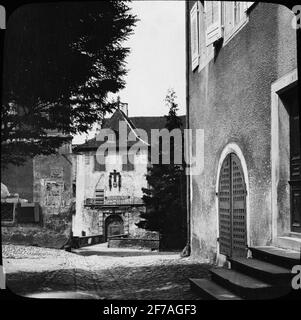 Skioptic image with motifs Motifs from street in Meersburg.The image has been stored in cardboard labeled: the journey in 1906. Meersburg 8. Stock Photo