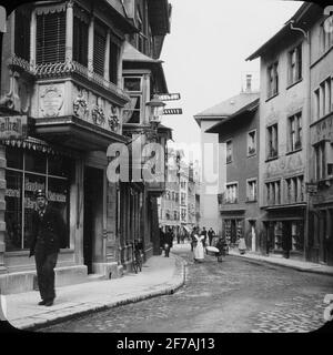 Skioptic image with motifs from street in Schaffhausen.The image has been stored in cardboard marked: the journey in 1906. Neuhausen 4. Schaffhausen 3. Stock Photo