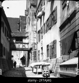 Skioptic image with motifs from the street in Dinkelsbülh.The image has been stored in cardboard labeled: the journey in 1911. Dinkelsbühl 9. VII. Stock Photo