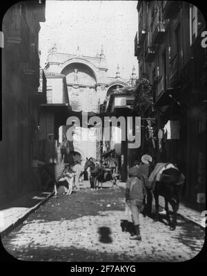 Skioptic monitor with motifs from street in Granada.The image has been stored in cardboard labeled: the journey in 1906. Oberwesel V. Stock Photo