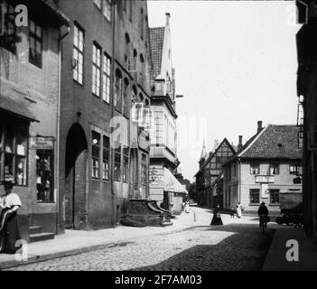 Skioptic image with motifs from street in Lüneburg.The image has been stored in cardboard labeled: the journey in 1906. Lüneburg 8. Stock Photo