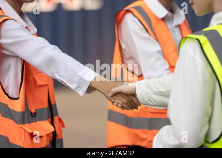 Business handshake executives to congratulate the join business agreement.concept for architect or engineer contract for architectural project Stock Photo