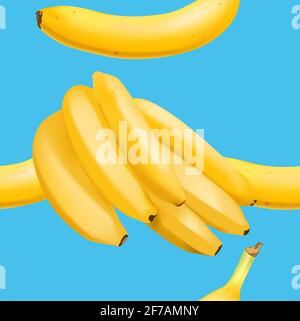 Trendy seamless pattern with realistic banana bunch. Vector realistic illustration Stock Vector