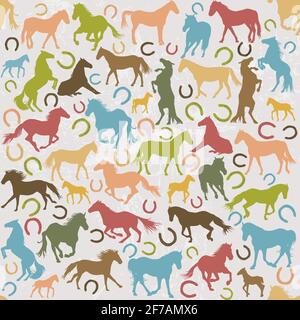 Seamless background with horses silhouettes and horseshoes Stock Vector