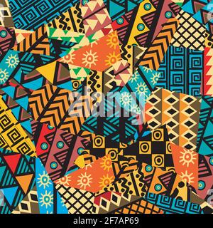 Colored african patchwork background with african motifs Stock Vector