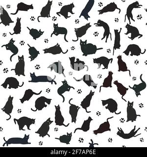 Seamless pattern with black cats silhouettes and paws Stock Vector