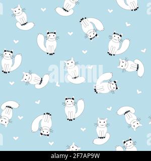 Cartoon white cats and hearts seamless pattern Stock Vector