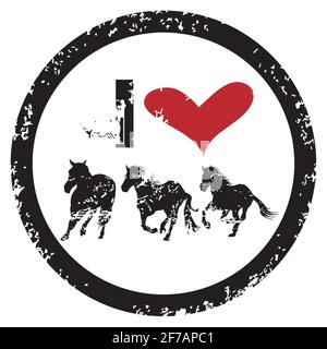 I LOVE HORSES rubber stamp with heart and three horses silhouettes Stock Vector