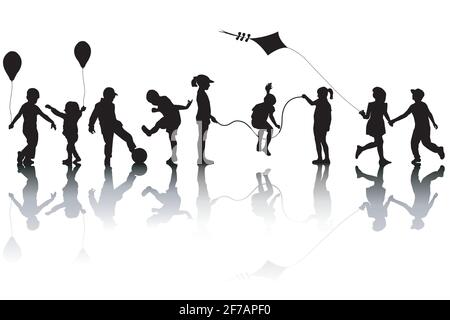 Children silhouettes playing with a kite and balloons Stock Vector