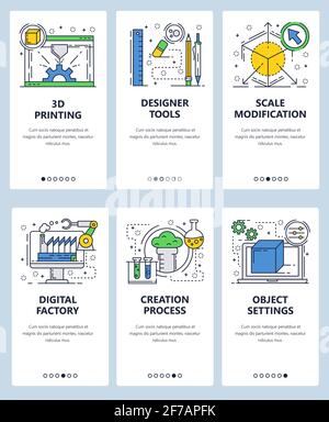 Vector web site linear art onboarding screens template. 3D printing and designer tools. Menu banners for website and mobile app development. Modern Stock Vector