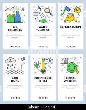 Vector web site linear art onboarding screens template. Global warming and industrial pollution. Ecology problems. Menu banners for website and mobile Stock Vector