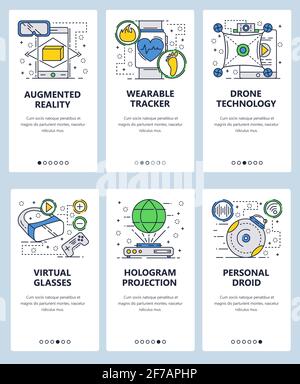 Vector web site linear art onboarding screens template. Augmented virtual reality and VR games. Wearable gadgets and drone technology. Menu banners Stock Vector