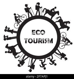 Eco tourism icon with stylized tourists, photographers and riders Stock Vector