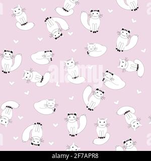 Cartoon cats on pink background, seamless pattern for girls Stock Vector