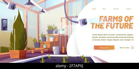 Farms of the future cartoon landing page. Smart futuristic technologies in farming industry. Digital devices in greenhouse automatically control plants growth and watering system, vector web banner Stock Vector