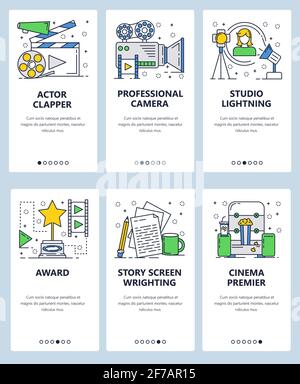 Vector web site linear art onboarding screens template. Movie industry objects, studo and cinema. Menu banners for website and mobile app development Stock Vector