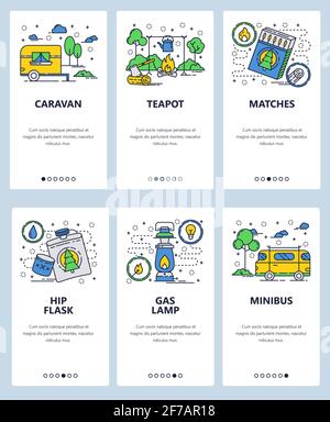 Vector web site linear art onboarding screens template. Outdoor camping and travel by camper caravan car. Menu banners for website and mobile app Stock Vector
