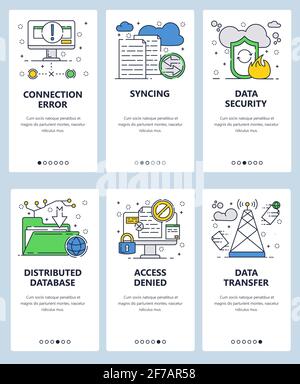 Vector web site linear art onboarding screens template. Data security and files sharing, transfer. Menu banners for website and mobile app development Stock Vector