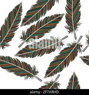 Colorful feathers with dots and stripes ornaments Stock Vector
