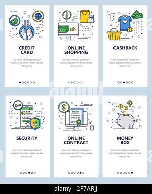 Vector web site linear art onboarding screens template. Online shoping and secure internet payments. Cashback, credit card and piggy money. Menu Stock Vector