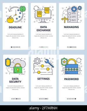 Vector web site linear art onboarding screens template. Project deadline. Data security files transfer and storage Menu banners for website and mobile Stock Vector