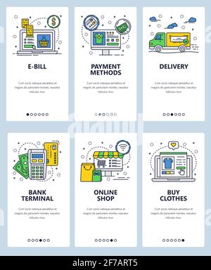 Vector web site linear art onboarding screens template. Online shopping and internet payments. Money and bank terminal. Menu banners for website and Stock Vector
