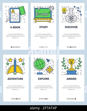 Vector web site linear art onboarding screens template. School education and electronic books. Adventure and exploration the world. Menu banners for Stock Vector