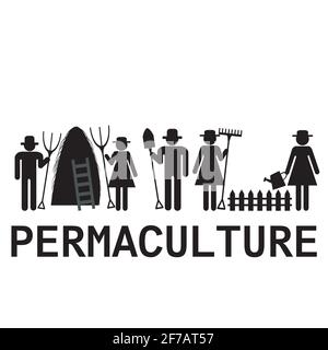 Permaculture concept with farmers using agricultural tools Stock Vector